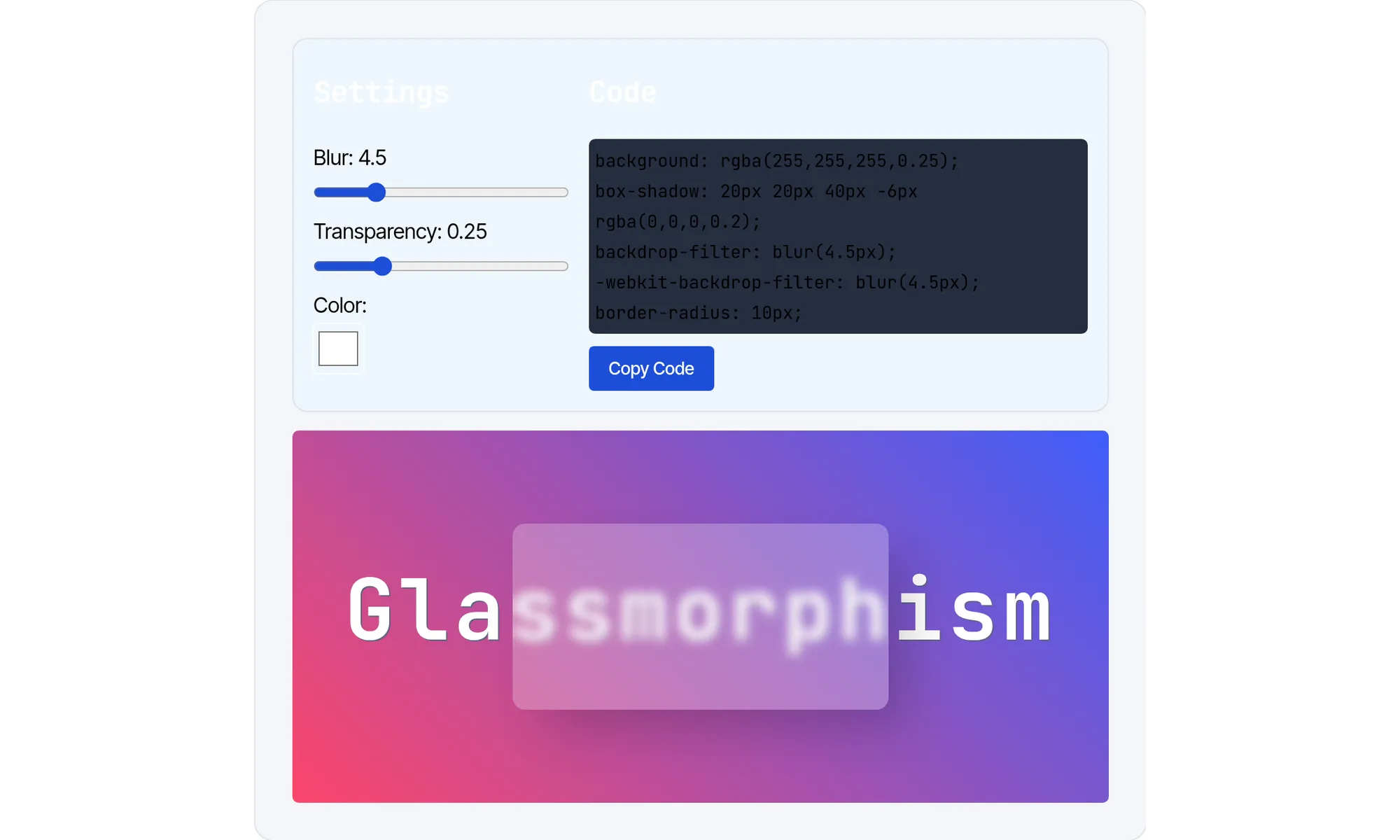 Glassmorphism CSS Generator screenshot 2 of 2